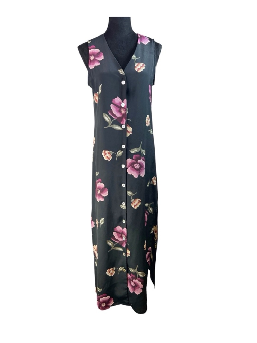 Vintage Hana Black Floral Maxi Long Slit Dress Size M 90s Y2K Grunge Sleeveless